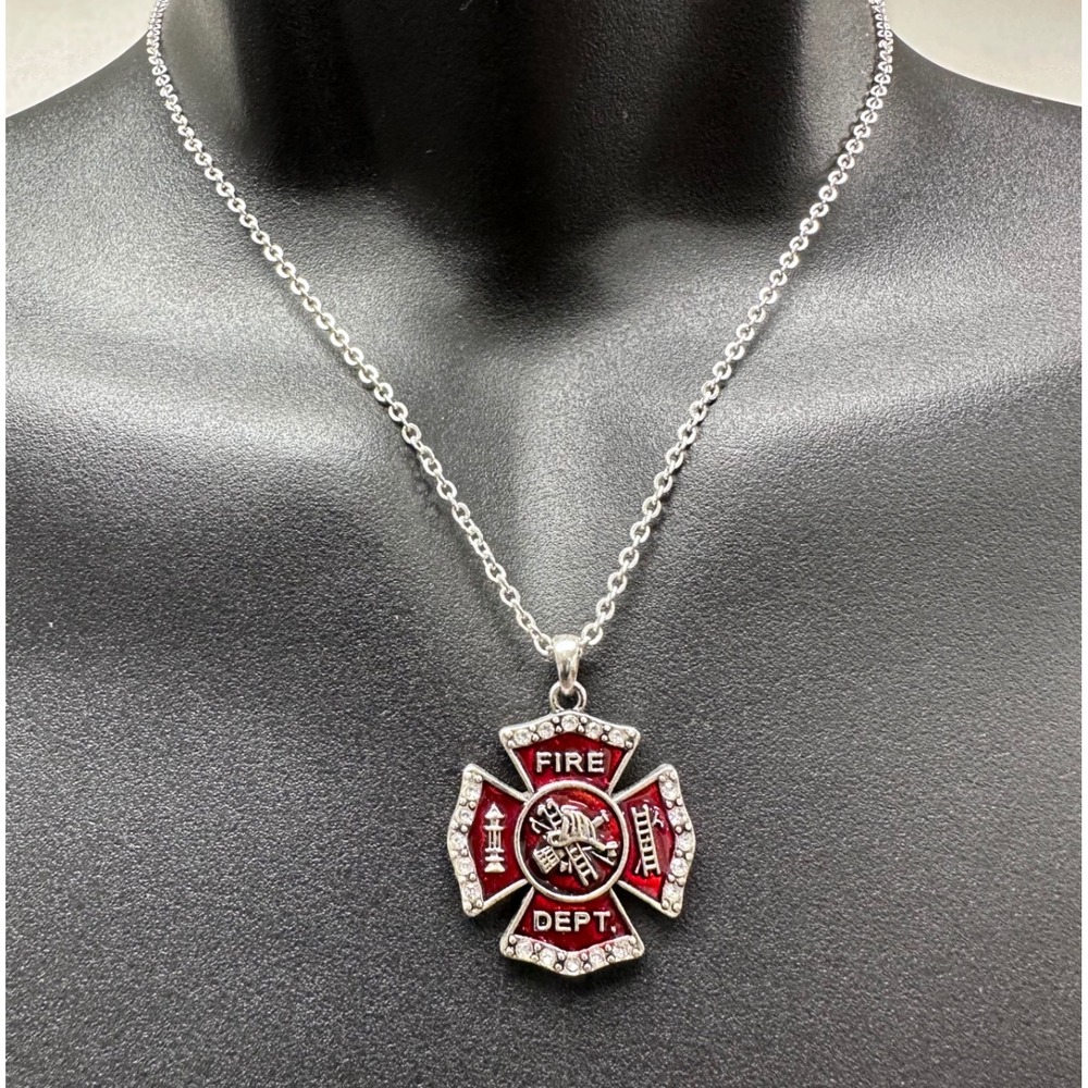 Firefighter Maltese Cross Necklace Red Enamel Rhinestone Fire Dept‎ Pendant